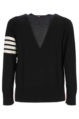 Navy blue merino classic V-neck cardigan THOM BROWNE | MKC002AY1014415